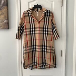 Fashionomics Plaid Tunic Shirt Dress Tan Check V-Neck Pockets Womens Sz M
